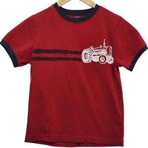 Gymboree Boys Size 8 Red Navy Tractor Ringer Graphic T-Shirt 100% Cotton 2011